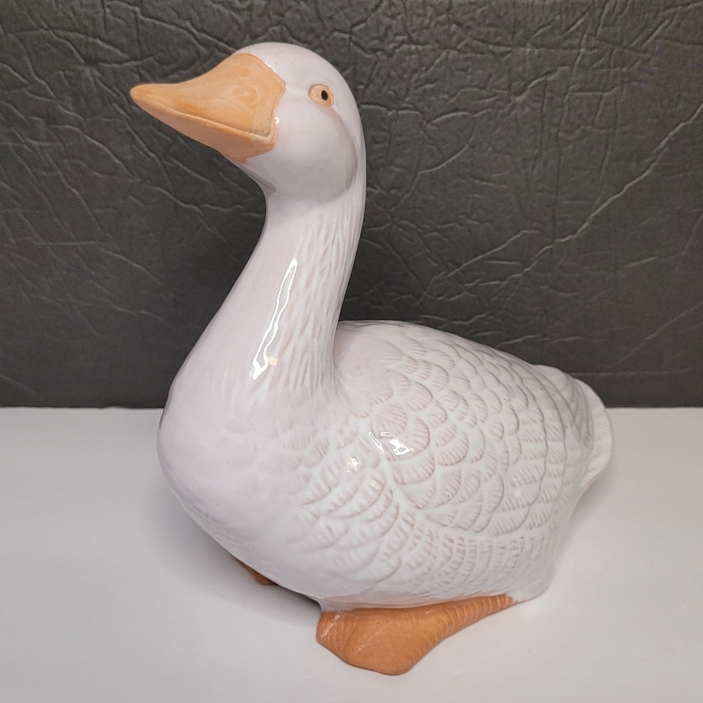 White Ceramic Goose Figurine with Orange Beak and Feet